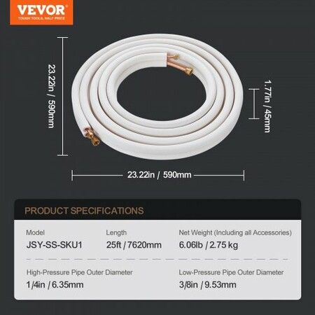 7620mm Mini Split Line Set 6.4 & 9.5mm O.D Copper Pipes Tubing and Triple-Layer Insulation