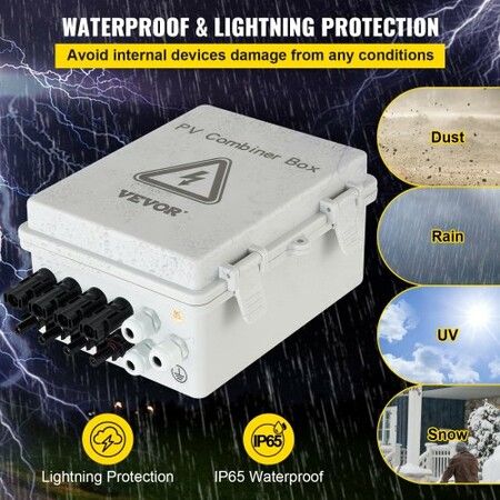 PV Combiner Box 4 String with 15A Rated Current Fuse 63A Circuit Breaker Lightning Arreste Connector for On/Off Grid Solar Panel System IP65