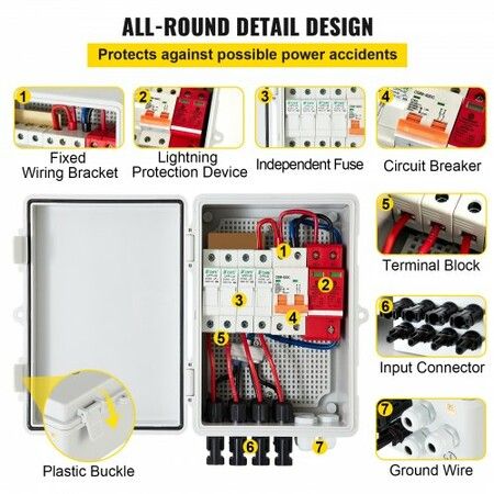 PV Combiner Box 4 String with 15A Rated Current Fuse 63A Circuit Breaker Lightning Arreste Connector for On/Off Grid Solar Panel System IP65