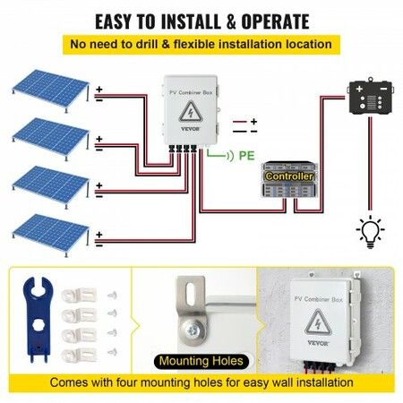 PV Combiner Box 4 String with 15A Rated Current Fuse 63A Circuit Breaker Lightning Arreste Connector for On/Off Grid Solar Panel System IP65