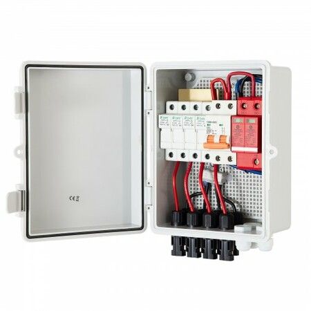 PV Combiner Box 4 String with 15A Rated Current Fuse 63A Circuit Breaker Lightning Arreste Connector for On/Off Grid Solar Panel System IP65