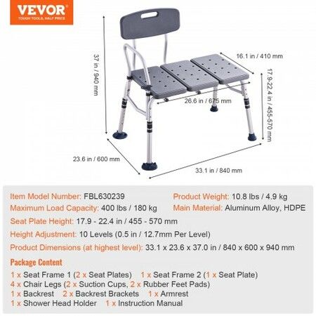 Tub Transfer Bench for Bathtub Adjustable Shower Seats for s Lightweight Shower Bench Non-Slip Bath Seats with Armrest & Backrest 400lbs Capacity