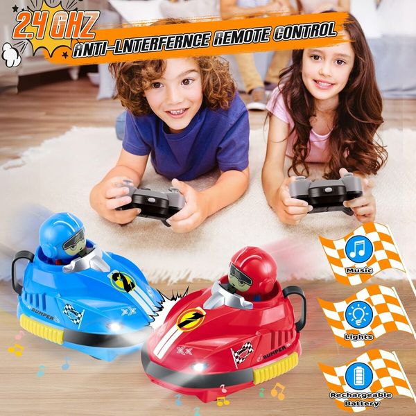 2 Pcs Remote Control Bumper Cars Toys for Ages 3 Up Kids, RC Cartoon Car Toys with Light and Music