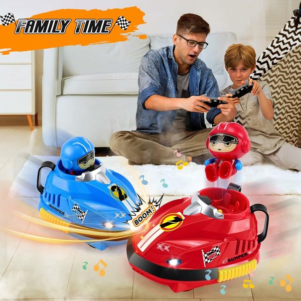 2 Pcs Remote Control Bumper Cars Toys for Ages 3 Up Kids, RC Cartoon Car Toys with Light and Music