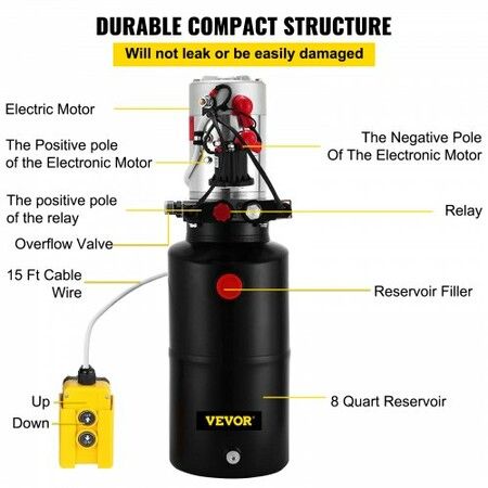 Hydraulic Power Unit 12V DC Double Acting Hydraulic Pump 8 Quart Steel Reservoir Hydraulic Pump Unit for Dump Trailers Car Lift Pump