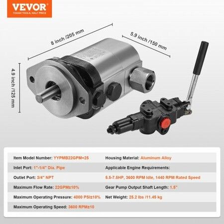 Hydraulic Wood Log Splitter Pump Kit 22GPM 2 Stage 4000PSI Aluminum Hydraulic Gear Pump with Valve Coupling Installation Base 3/4'' NPT Outlet 3600 RPM