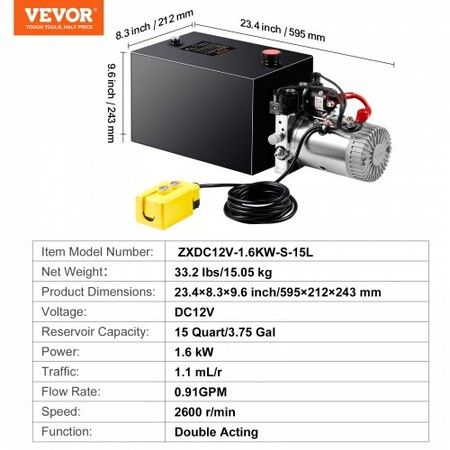 Hydraulic Pump 15 Quart Double Acting Dump Trailer Pump Power Unit DC 12V