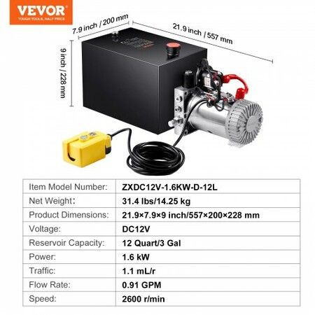 Hydraulic Pump 12 Quart Hydraulic Power Unit Single Acting Dump Trailer Pump 0.91 GPM Flow Rate 3200 PSI Max Relief Pressure DC 12V Hydraulic Pump