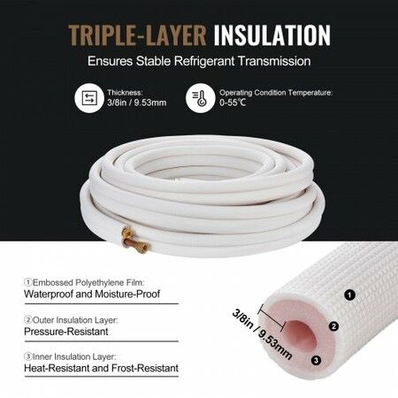 15240mm Mini Split Line Set 9.5 & 15.9mm O.D Copper Pipes Tubing and Triple-Layer Insulation for Mini Split Air Conditioning Refrigerant or Heating Pump