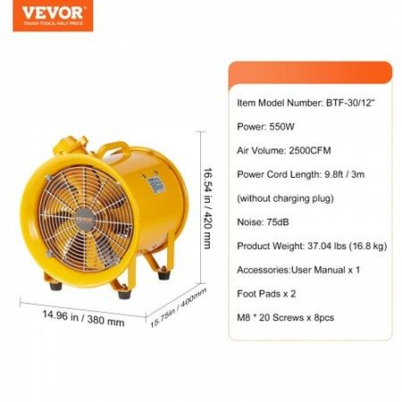 Portable Ventilator 304.8mm/12inch Heavy Duty Cylinder Fan 550W Strong Shop Exhaust Fan 2500CFM 3m Power Cord (No charging head) Industrial Utility Blower