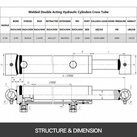 Hydraulic Cylinder 2\" Bore 36\" Stroke Hydraulic Ram Cylinder 3000psi Hydraulic Cylinders Welded Double Acting Cross Tube SAE6 Port Hydraulic