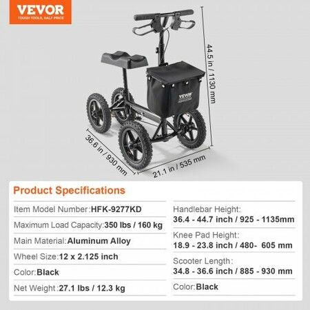 Folding Knee Scooter Aluminum Steerable Knee Walker with Height-Adjustable Handlebar & Knee Pad 12" All-Terrain Wheels Dual Brakes Leg Recovery Scooter