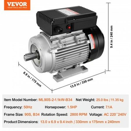 1.1KW Electric Motor 2800 rpm AC 220~240V 7.1A 90S B34 Frame Air Compressor Motor Single Phase 24mm Keyed Shaft CW/CCW Rotation