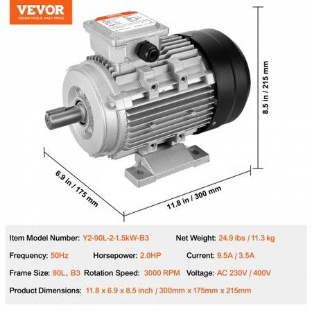 1.5KW Electric Motor 3000 rpm AC 230V/400V 9.5A/3.5A 90L B3 Frame Air Compressor Motor 3-Phase 24mm Keyed Shaft CW/CCW Rotation