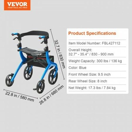 Folding Rollator Walker for Seniors and s Lightweight Aluminum Rolling Walker with Seat and Adjustable Handle 4-Wheel Outdoor Mobility Walker