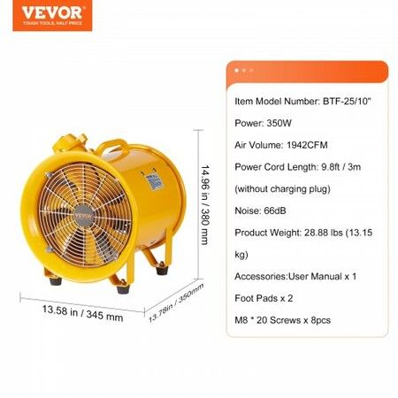 Portable Ventilator 254mm/10inch Heavy Duty Cylinder Fan 350W Strong Shop Exhaust Fan 1942CFM 3m Power Cord (No charging head) Industrial Utility Blower