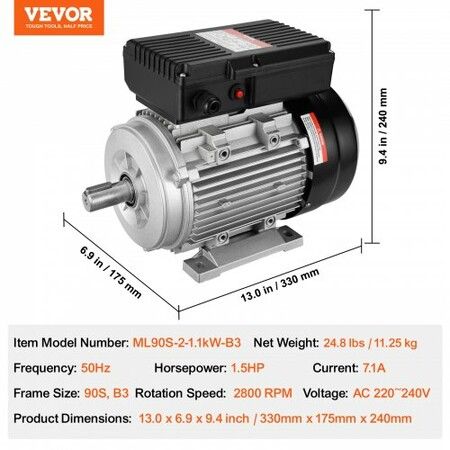 1.1KW Electric Motor 2800 rpm AC 220~240V 7.1A 90S B3 Frame Air Compressor Motor Single Phase 24mm Keyed Shaft CW/CCW Rotation