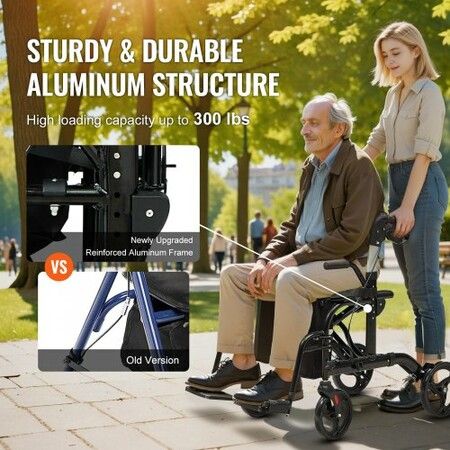 2 in 1 Rollator Walker & Transport Chair for Seniors Folding Rolling Walker Wheelchair Combo & Footrests Lightweight Aluminum Mobility Walker