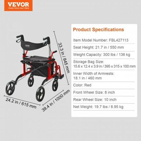 2 in 1 Rollator Walker & Transport Chair for Seniors Folding Rolling Walker Wheelchair Combo & Footrests Lightweight Aluminum Mobility Walker