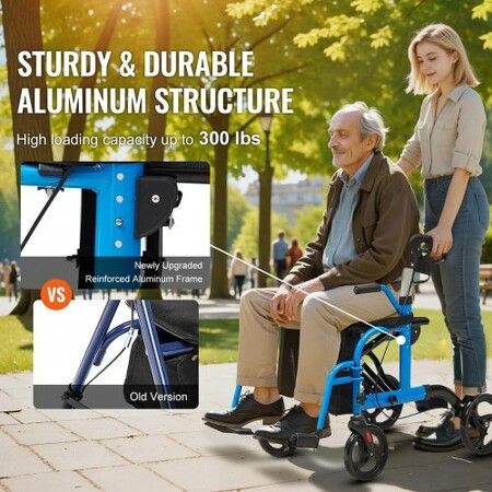 2 in 1 Rollator Walker & Transport Chair for Seniors Folding Rolling Walker Wheelchair Combo & Footrests Lightweight Aluminum Mobility Walker