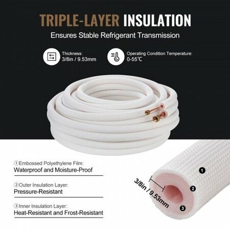 15240mm Mini Split Line Set 6.4 & 12.7mm O.D Copper Pipes Tubing and Triple-Layer Insulation for Mini Split Air Conditioning Refrigerant or Heating Pump