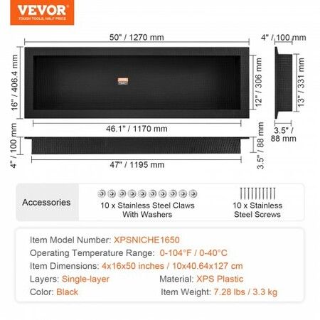 Shower Niche Ready for Tile 40.64 x 127 cm 16 x 50 inch Single Shelf Organizer Square Corners Wall-inserted Niche Recessed Sealed Protection