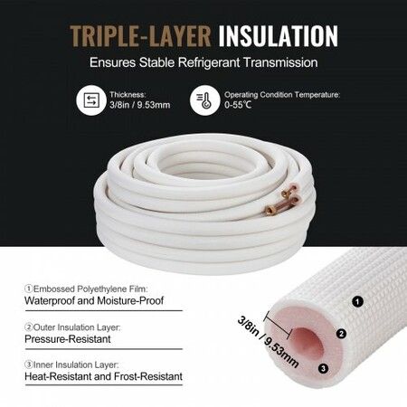 15240mm Mini Split Line Set 6.4 & 9.5mm O.D Copper Pipes Tubing and Triple-Layer Insulation for Mini Split Air Conditioning Refrigerant or Heating Pump