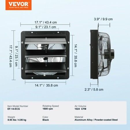 Shutter Exhaust Fan 356 mm w/ Temperature Humidity Controller EC-motor 1024 CFM Variable Speed Adjustable Wall Mount Attic Fan Ventilation & Cooling