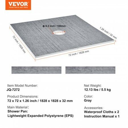 Shower Curb Kit 1828x1828mm Shower Pan Kit with 160mm Central Drain Lightweight EPS Shower Installation Kits with 2 Waterproof Cloths Shower Pan Slope