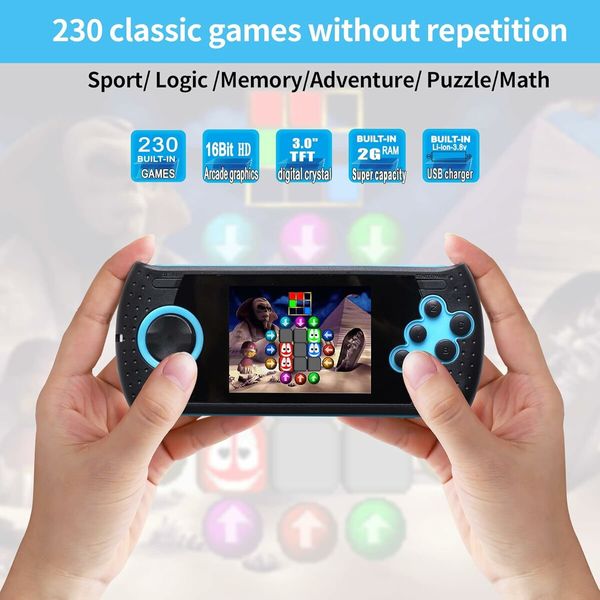 16 Bit Handheld Game for Kids Built in 230 HD Classic Retro Video Games for Boys Girls Ages 4 to 12, Blue