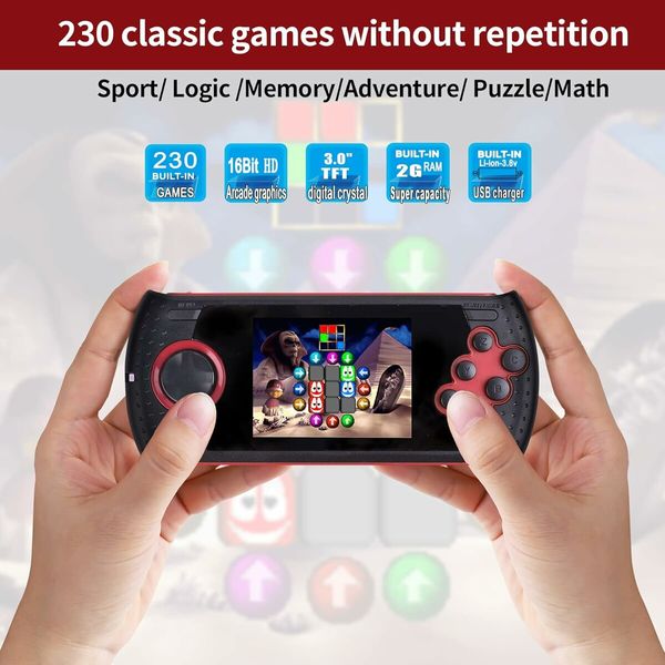 16 Bit Handheld Game for Kids Built in 230 HD Classic Retro Video Games for Boys Girls Ages 4 to 12, Red