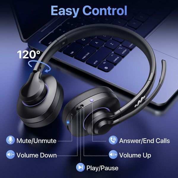 Bluetooth Headset, Wireless Headset with Noise Cancelling Microphone & Mic Mute, Headphones for Cell Phones Laptop Computer