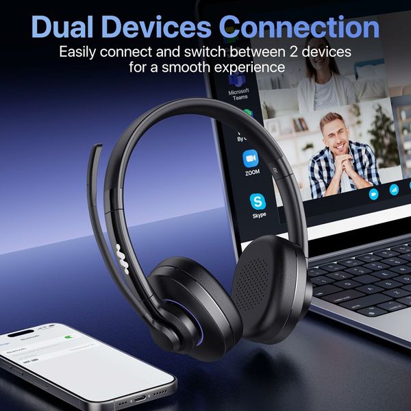 Bluetooth Headset, Wireless Headset with Noise Cancelling Microphone & Mic Mute, Headphones for Cell Phones Laptop Computer