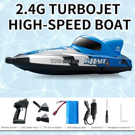 Remote Control Boat for Kids, 2.4GHZ 25Km/h Turbo Jet High Speed Boat with Brushless Motor, Mini Electric Toys, Blue