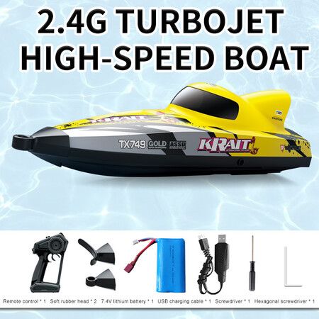 Remote Control Boat for Kids, 2.4GHZ 25Km/h Turbo Jet High Speed Boat with Brushless Motor, Mini Electric Toys, Yellow