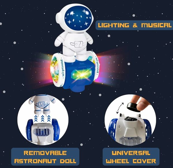 Electric Robot Dancing Toy Astronaut Car 360 Degree Spin Interactive Musical and Light Up Obstacle Avoidance for Kids