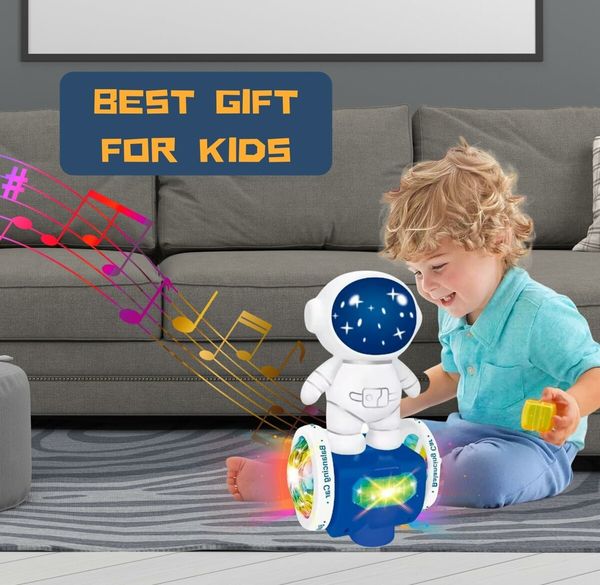 Electric Robot Dancing Toy Astronaut Car 360 Degree Spin Interactive Musical and Light Up Obstacle Avoidance for Kids