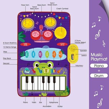 Kids Musical Toys Piano Keyboard Drum Play Mat Music Floor Blanket Birthday for 3+ Year Old Kids