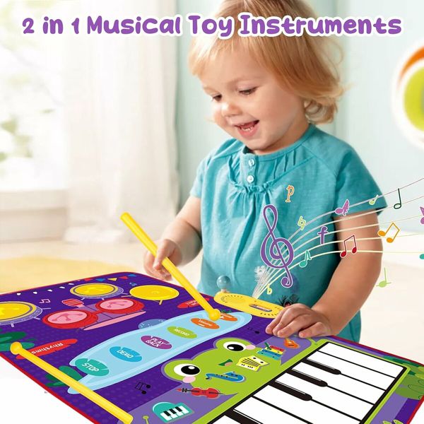 Kids Musical Toys Piano Keyboard Drum Play Mat Music Floor Blanket Birthday for 3+ Year Old Kids