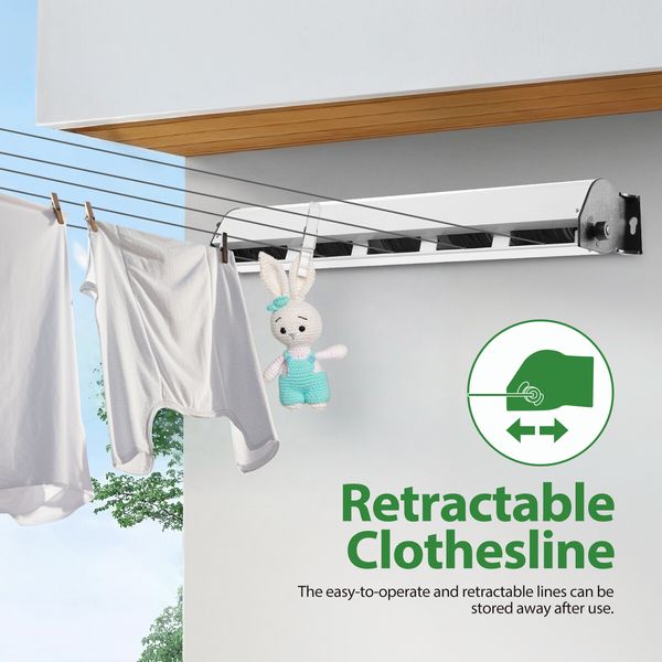 Retractable Clothesline 5 Line Clothes Dryer Airer Rack Wall Mounted Outdoor Wet Dry Laundry Pull Out Air Drying Cord Galvanised Steel 50m