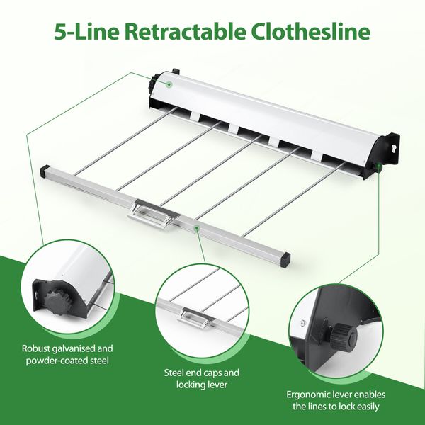 Retractable Clothesline 5 Line Clothes Dryer Airer Rack Wall Mounted Outdoor Wet Dry Laundry Pull Out Air Drying Cord Galvanised Steel 50m