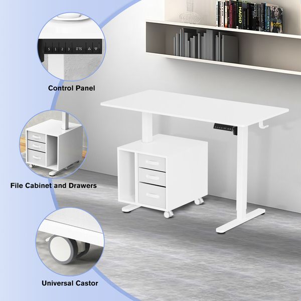 Electric Standing Desk Sit Stand Up Office White Computer Gaming Study Laptop Table Height Adjustable Home Furniture with Rotating Storage Cabinet