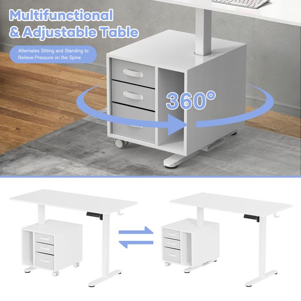 Electric Standing Desk Sit Stand Up Office White Computer Gaming Study Laptop Table Height Adjustable Home Furniture with Rotating Storage Cabinet