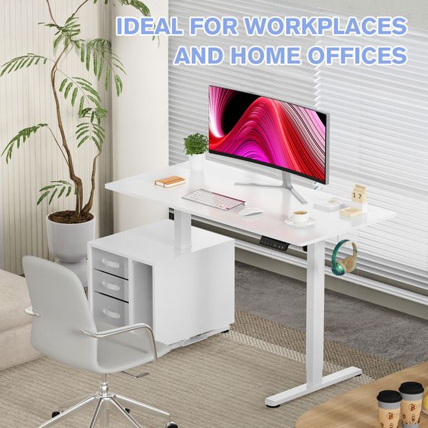 Electric Standing Desk Sit Stand Up Office White Computer Gaming Study Laptop Table Height Adjustable Home Furniture with Rotating Storage Cabinet