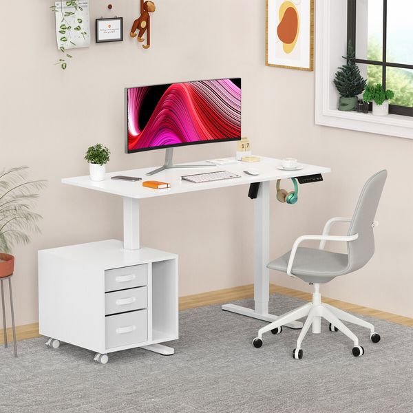 Electric Standing Desk Sit Stand Up Office White Computer Gaming Study Laptop Table Height Adjustable Home Furniture with Rotating Storage Cabinet