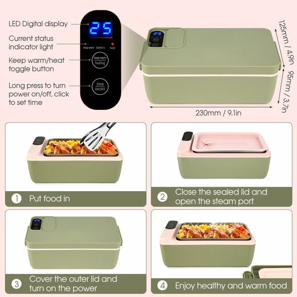 Cordless Electric Lunch Box Food Heater,Battery Powered Heated Lunch Box Food Warmer,Adjustable Heating Warming Time (Green)