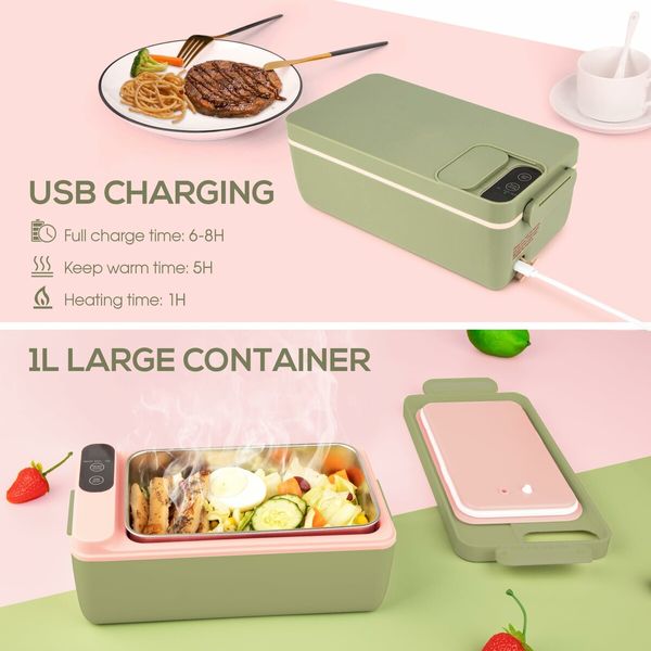 Cordless Electric Lunch Box Food Heater,Battery Powered Heated Lunch Box Food Warmer,Adjustable Heating Warming Time (Green)