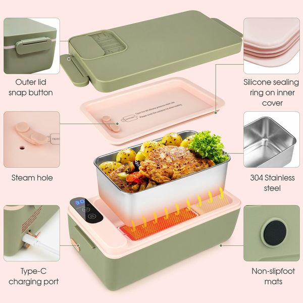 Cordless Electric Lunch Box Food Heater,Battery Powered Heated Lunch Box Food Warmer,Adjustable Heating Warming Time (Green)