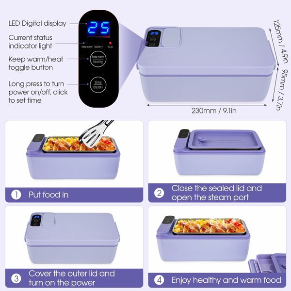 Cordless Electric Lunch Box Food Heater,Battery Powered Heated Lunch Box Food Warmer,Adjustable Heating Warming Time (Purple)