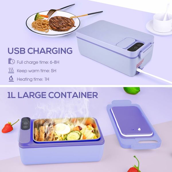 Cordless Electric Lunch Box Food Heater,Battery Powered Heated Lunch Box Food Warmer,Adjustable Heating Warming Time (Purple)